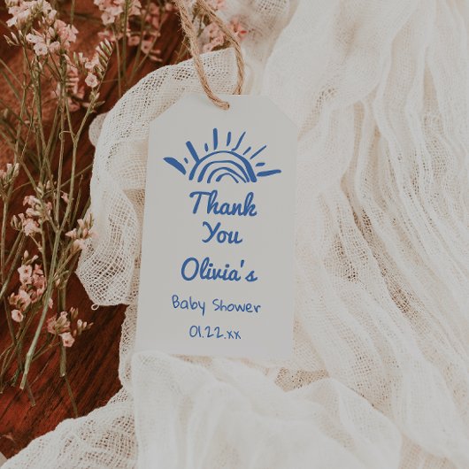 Blau hier kommt die auf der Hand gezogene Babydusc Geschenkanhänger