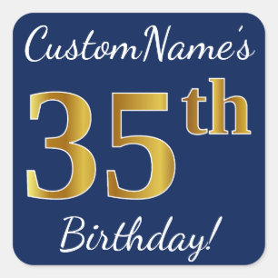 Blau, Imitat-Gold35. Geburtstag + Individueller Quadratischer Aufkleber