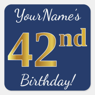 Blau, Imitat-Gold42. Geburtstag + Individueller Quadratischer Aufkleber