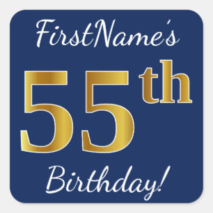 Blau, Imitat-Gold55. Geburtstag + Individueller Quadratischer Aufkleber