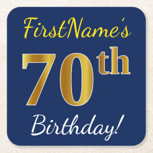 Blau, Imitat-Gold70. Geburtstag + Individueller Rechteckiger Pappuntersetzer
