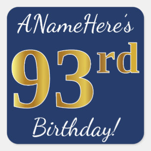 Blau, Imitat-Gold93. Geburtstag + Individueller Quadratischer Aufkleber