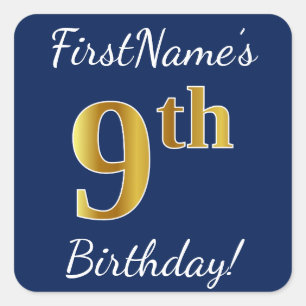 Blau, Imitat-Gold9. Geburtstag + Name-Aufkleber Quadratischer Aufkleber