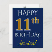 Blau, Imitate Gold 11. Geburtstag + Individuelle N Postkarte (Vorne/Hinten)