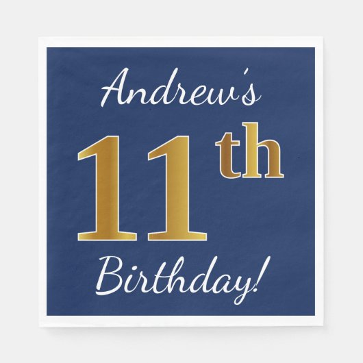 Blau, Imitate Gold 11. Geburtstag + Individuelle N Serviette (Vorderseite)