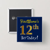 Blau, Imitate Gold 12. Geburtstag, mit Individuell Button (Vorne & Hinten)
