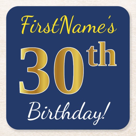 Blau, Imitate Gold 30. Geburtstag + Individuelle N Rechteckiger Pappuntersetzer (Vorderseite)
