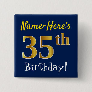 Blau, Imitate Gold 35. Geburtstag, mit Individuell Button