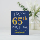 Blau, Imitate Gold 65. Geburtstag + Individuelle N Postkarte (Stehend Vorderseite)