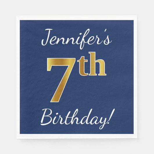 Blau, Imitate Gold 7. Geburtstag + Individuelle Na Serviette (Vorderseite)
