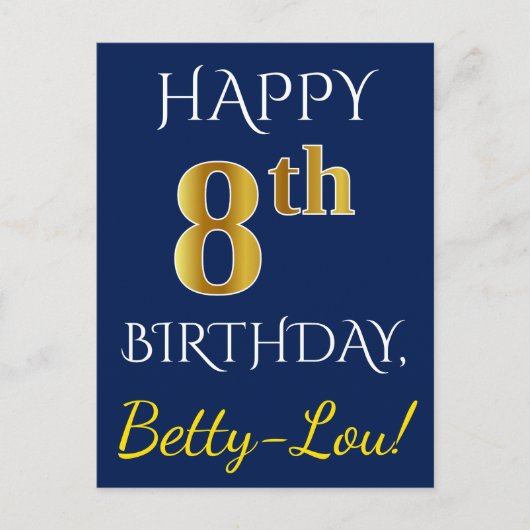 Blau, Imitate Gold 8. Geburtstag + Individuelle Na Postkarte (Vorderseite)