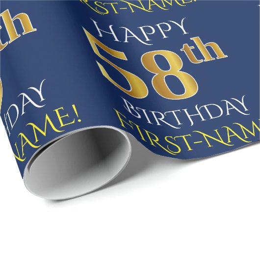 Blau, Imitate Gold "HAPPY 58. BIRTHDAY" Geschenkpapier (Rolleneckpunkt)