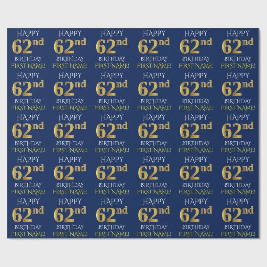 Blau, Imitate Gold "HAPPY 62. BIRTHDAY" Geschenkpapier (Flach)