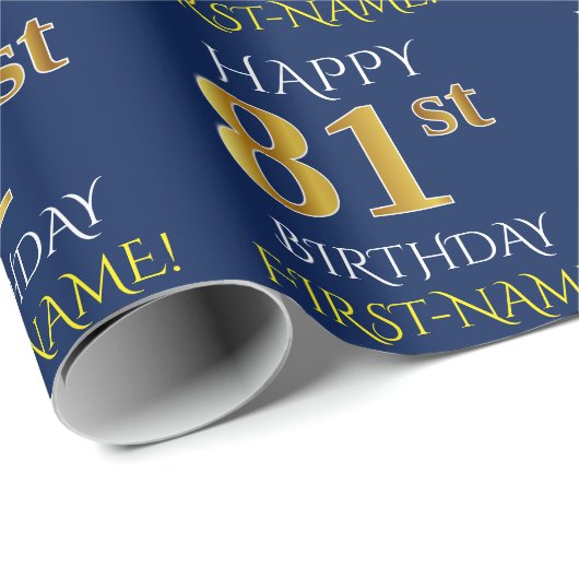 Blau, Imitate Gold "HAPPY 81. BIRTHDAY" Geschenkpapier (Rolleneckpunkt)