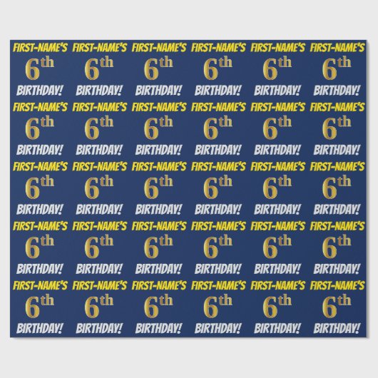 Blau, Imitate/Nachahmgold, "6. BIRTHTAG" Geschenkpapier (Flach)