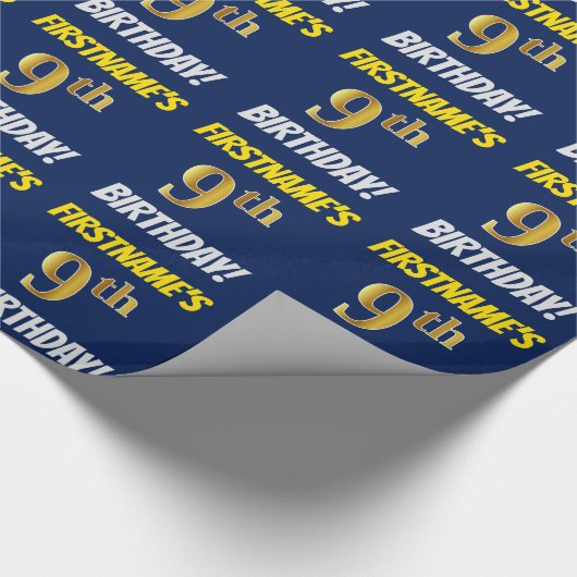 Blau, Imitate/Nachahmgold, "9. BIRTHTAG" Geschenkpapier (Ecke)