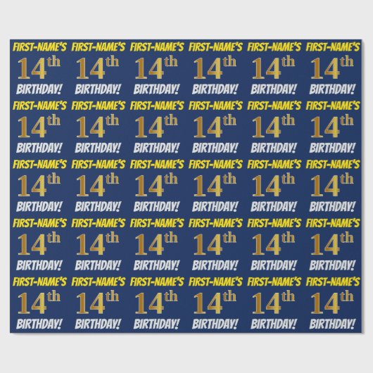 Blau, Imitate/Nachahmungs-Gold, "14. BIRTHTAG" Geschenkpapier (Flach)