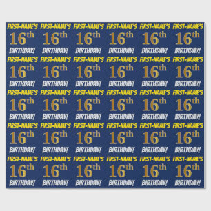 Blau, Imitate/Nachahmungs-Gold, "16. GEBURTSTAG" Geschenkpapier