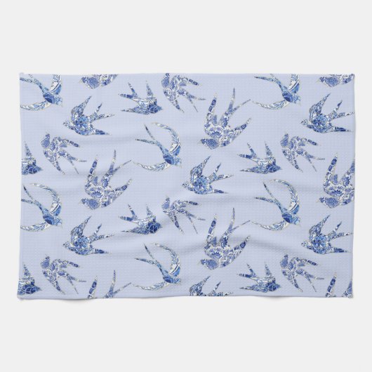 Blau in Weiß Chinoiserie Chic Bird Schlucken Mosai Geschirrtuch (Horizontal)