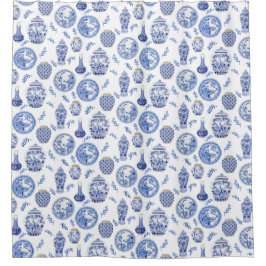 Blau in White Chinoiserie Asiatische China Duschvorhang
