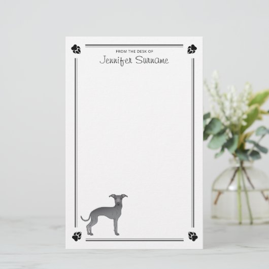 Blau-Italienischer Grauhund mit Pasten und benutze Briefpapier (Stehend Vorderseite)