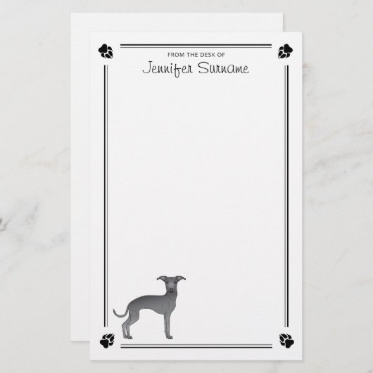 Blau-Italienischer Grauhund mit Pasten und benutze Briefpapier (Vorne/Hinten)