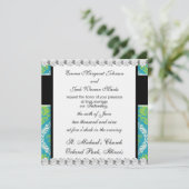 Blau-Kalkgrün und verzierte Sahne-Damast Einladung (Stehend Vorderseite)