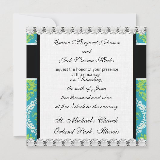 Blau-Kalkgrün und verzierte Sahne-Damast Einladung (Vorderseite)