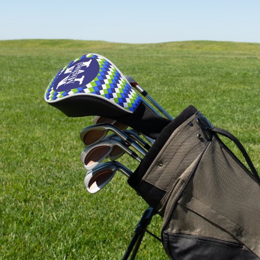 Blau, Kalkgrün und Weiß Mit Monogramm Raute Golf Headcover (In SItu)