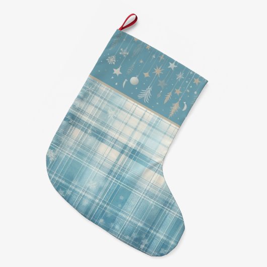 Blau Kariert Großer Weihnachtsstrumpf (Vorderansicht (hängend))