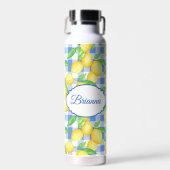 Blau kariert Limette Name Picknick Stil Trinkflasche (Vorne)