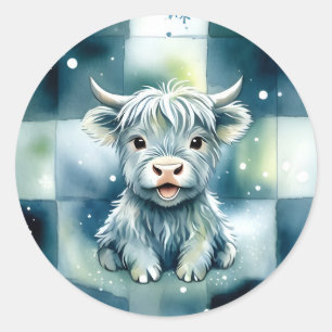 Blau Karierter Highland-Rind Schnee Winter Runder Aufkleber