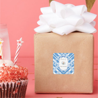 Blau karierter Junge Baby Shower Bär Band Quadratischer Aufkleber