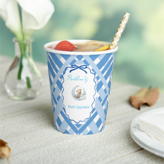 Blau karierter Junge Baby Shower Bär Ribbon Pappbecher