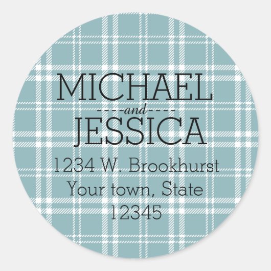 Blau Karierter Personalisierter Name und Anschrift Runder Aufkleber (Vorderseite)