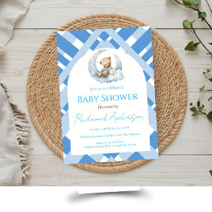 Blau karierter Teddybär für Jungen-Baby-Party Einladung