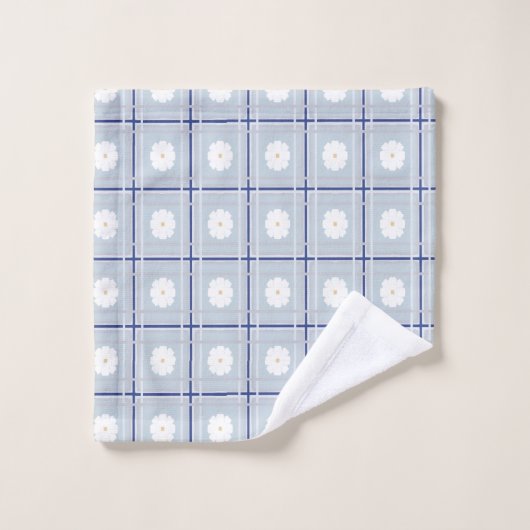 Blau kariertes Gänseblümchen-Muster Badhandtuch Set (Waschlappen)