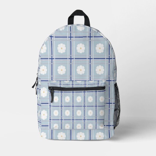 Blau kariertes Gänseblümchen-Muster Bedruckter Rucksack (Vorderseite)