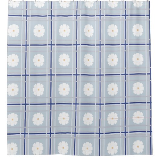 Blau kariertes Gänseblümchen-Muster Duschvorhang (Vorderseite)