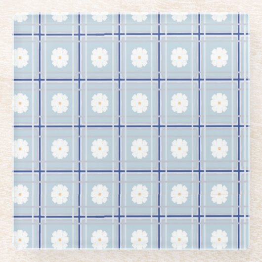 Blau kariertes Gänseblümchen-Muster Glasuntersetzer (Vorderseite)