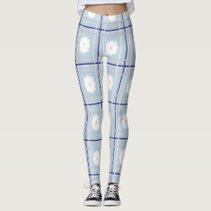 Blau kariertes Gänseblümchen-Muster Leggings