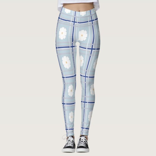 Blau kariertes Gänseblümchen-Muster Leggings (Vorderseite)
