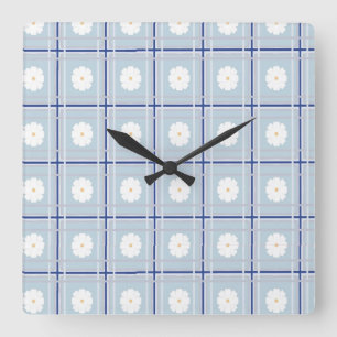 Blau kariertes Gänseblümchen-Muster Quadratische Wanduhr
