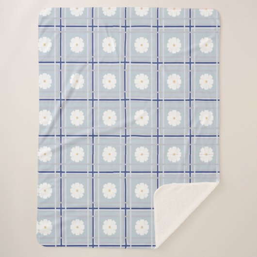 Blau kariertes Gänseblümchen-Muster Sherpadecke (Vorderseite)