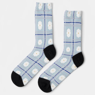 Blau kariertes Gänseblümchen-Muster Socken