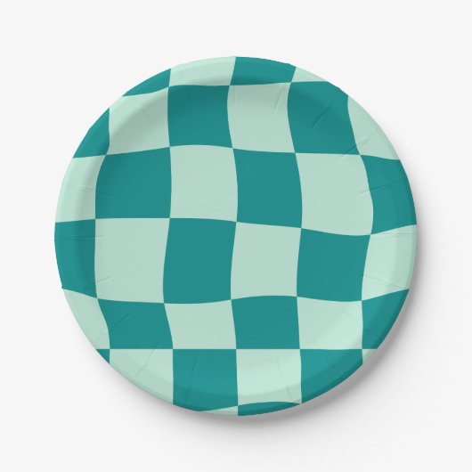 Blau kariertes Muster Groovy Retro Pappteller (Vorderseite)