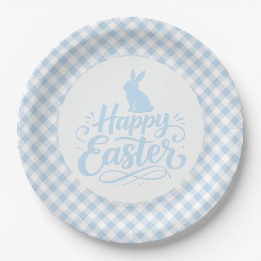Blau kariertes Ostern Pappteller (Vorderseite)