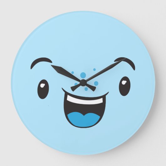 Blau lächelnd Kawaii Face Wall Clock Große Wanduhr (Vorderseite)