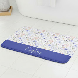 Blau Lila Aquarell Wildblumen Name Monogramm Badematte