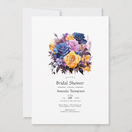 Blau, Lila, Gold und Schwarzes Brautparty Einladung (Vorderseite)